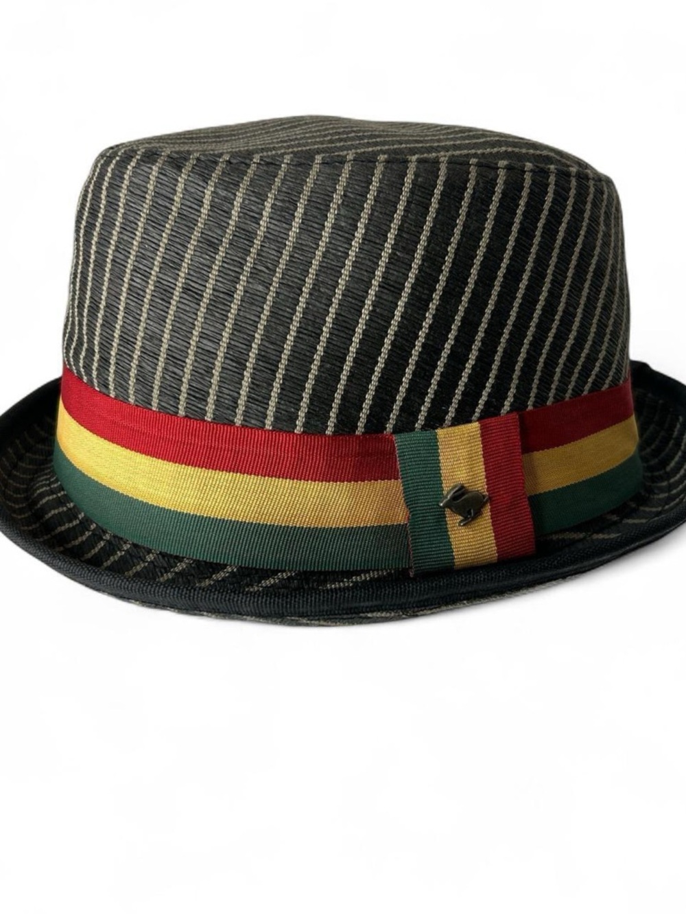 Peter Grimm Black and Gray Natural Fibers Striped Fedora with Colorful Logo Band